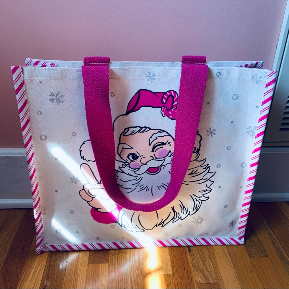 Santa Tote Bag Reusable Bag Hot Pink Cany Cane Stripe Silver Snow Holiday Bag